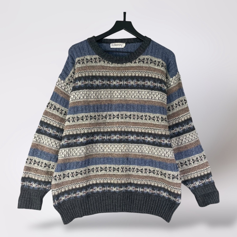 Vintage Kilkenny Wool Sweater Mens M Fair Isle Nordic Blue Gray Crewneck